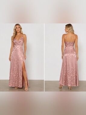 NWT Lulu's Dusty Rose Jacquard Satin Maxi Dress with Slit